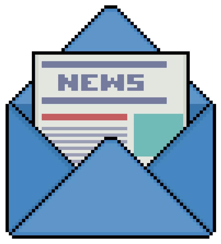Pixel art envelope with newspaper vector icon for 8bit game on white background