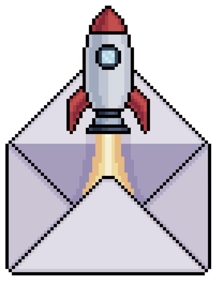 Pixel art envelope with rocket flying vector icon for 8bit game on white background