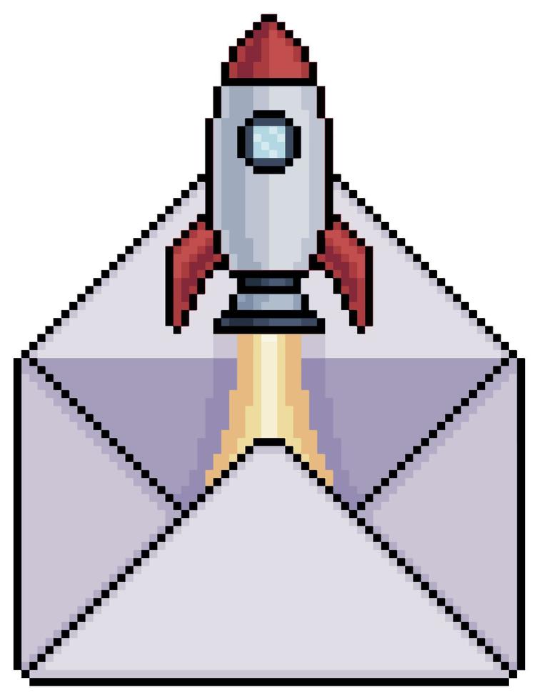 sobre de pixel art con icono de vector volador de cohete para juego de 8 bits sobre fondo blanco