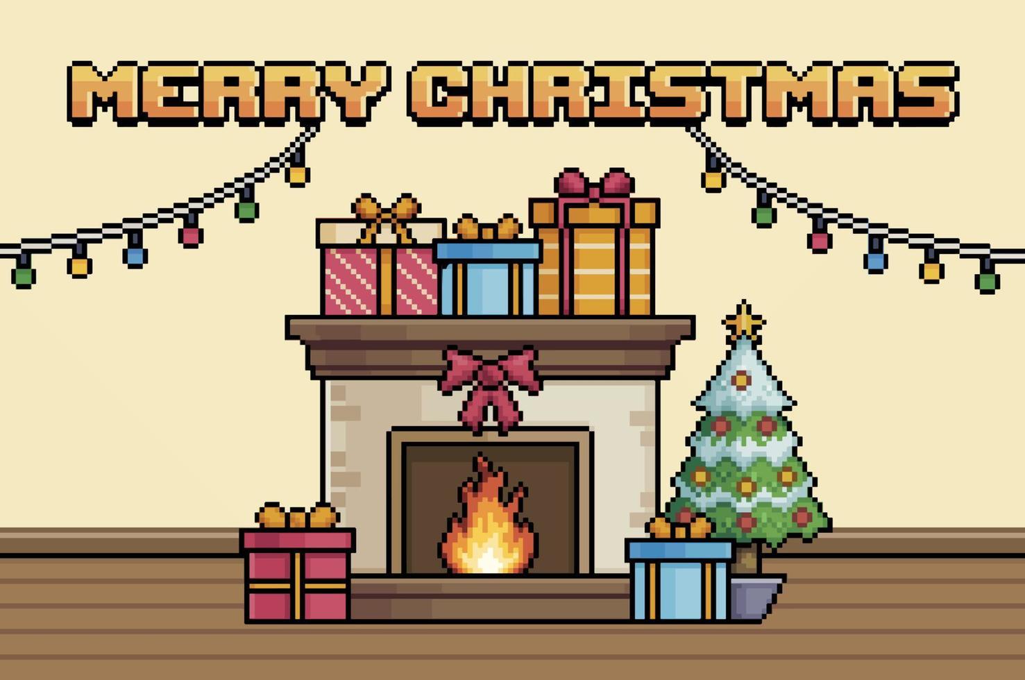 fondo de navidad de arte de píxeles con texto de feliz navidad, chimenea, árbol de navidad y vector de decoración para juego de 8 bits