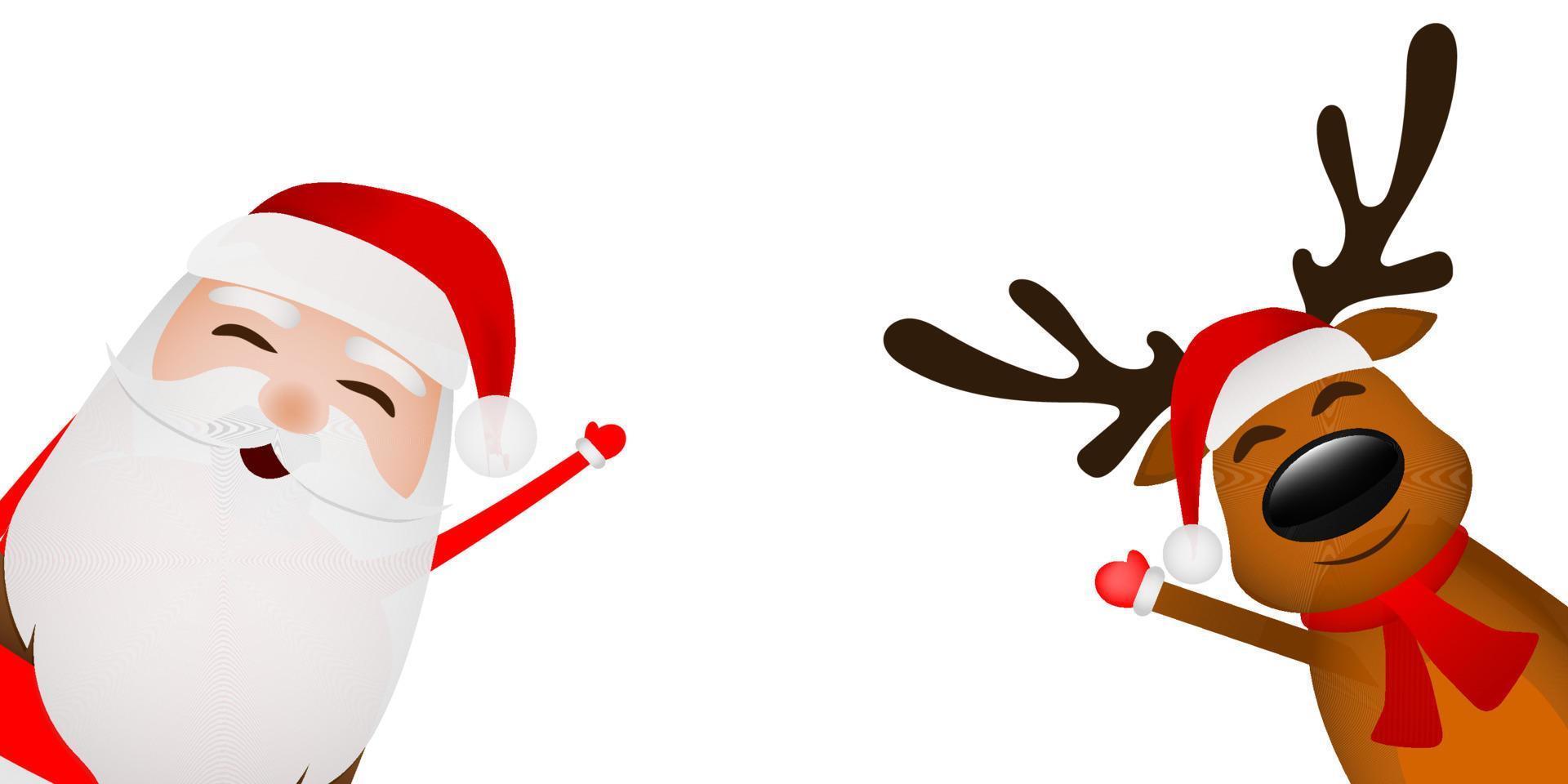 Cartoon funny santa claus and reindeer waving hands isolated on white vector