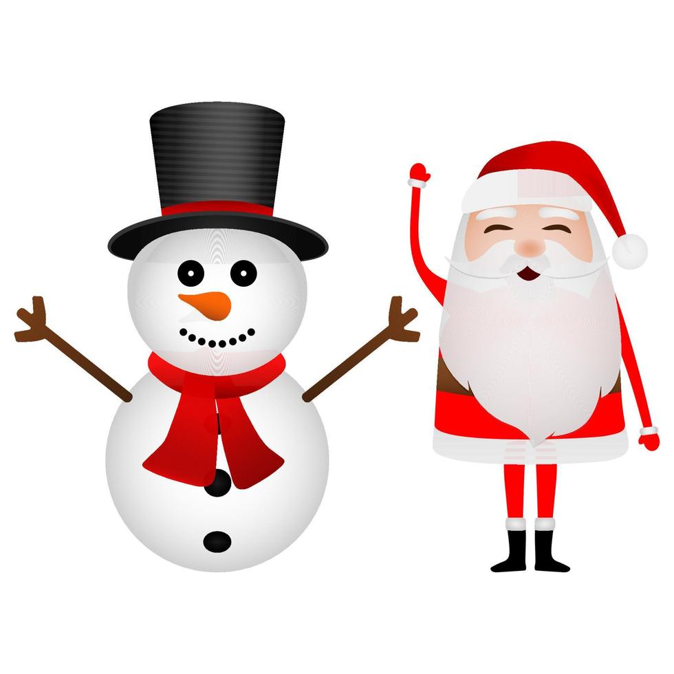 Cartoon funny santa claus and snowman waving hands isolated on white vector