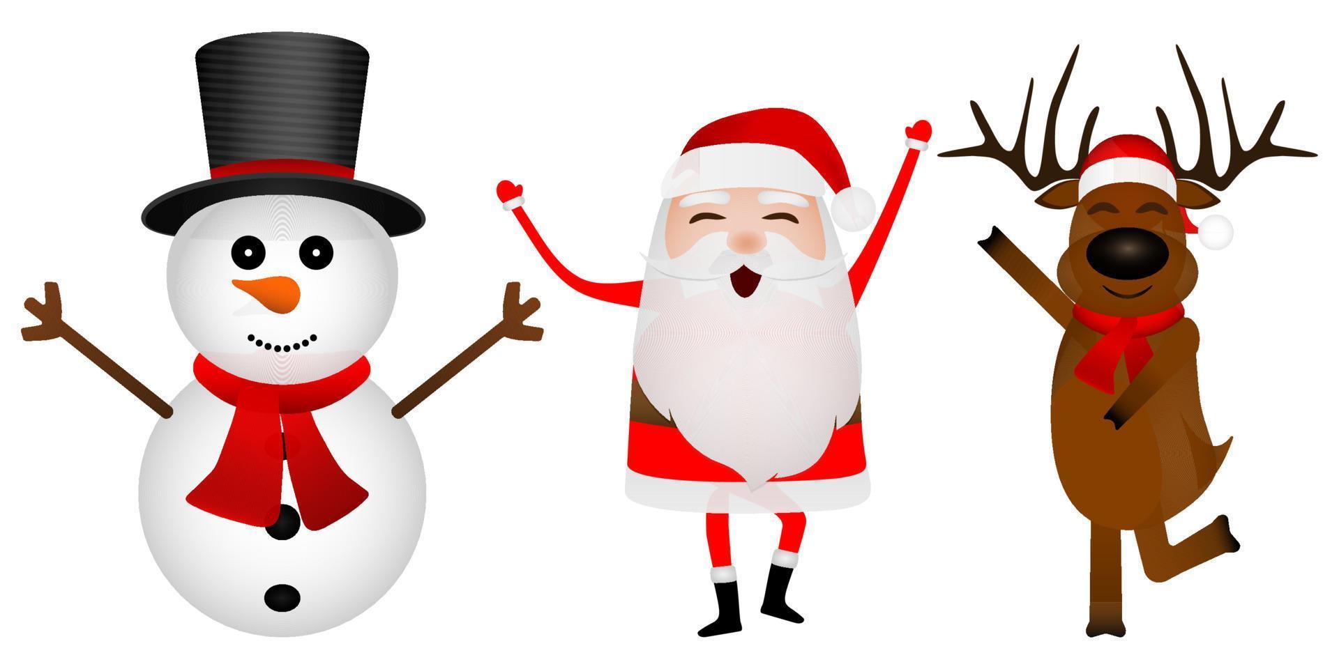 Cartoon funny santa claus, reindeer and snowman dancing isolated on white vector