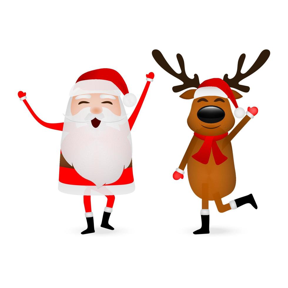 Cartoon funny santa claus and reindeer waving hands isolated on white vector