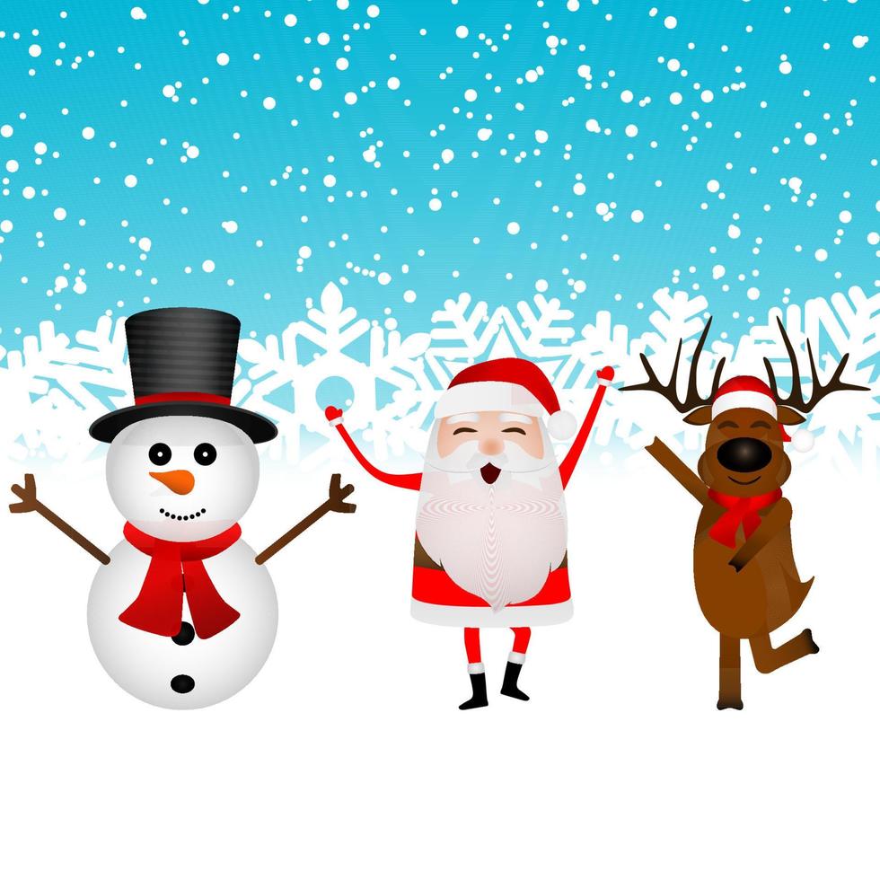 Cartoon funny santa claus, reindeer and snowman dancing i vector