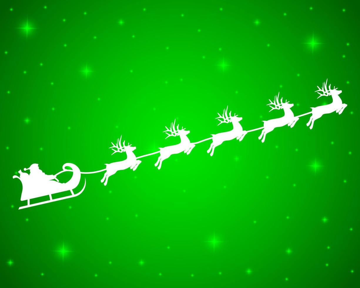 Christmas reindeers are carrying Santa Claus in a sleigh with gifts. silhouette on a green background vector