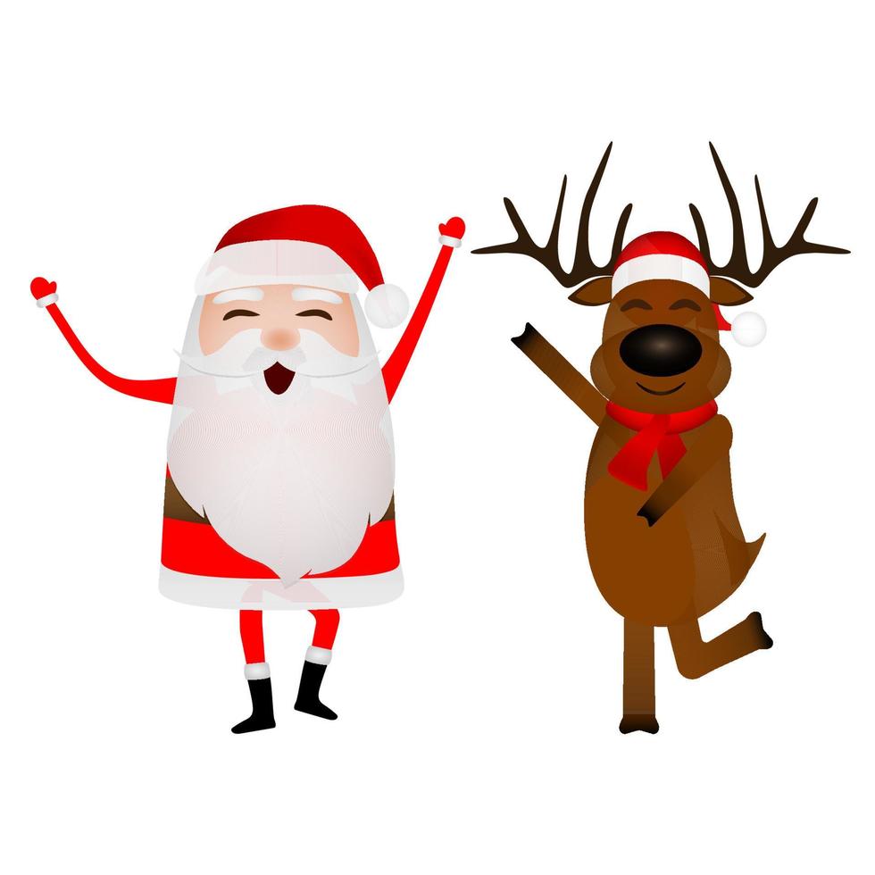 Cartoon funny santa claus and reindeer waving hands isolated on white vector