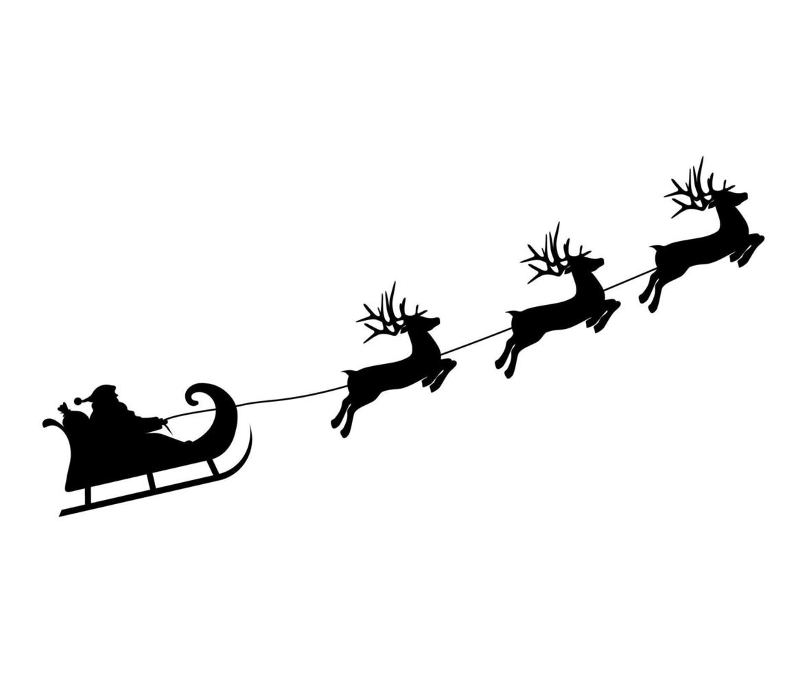 Christmas reindeers are carrying Santa Claus in a sleigh with gifts ...