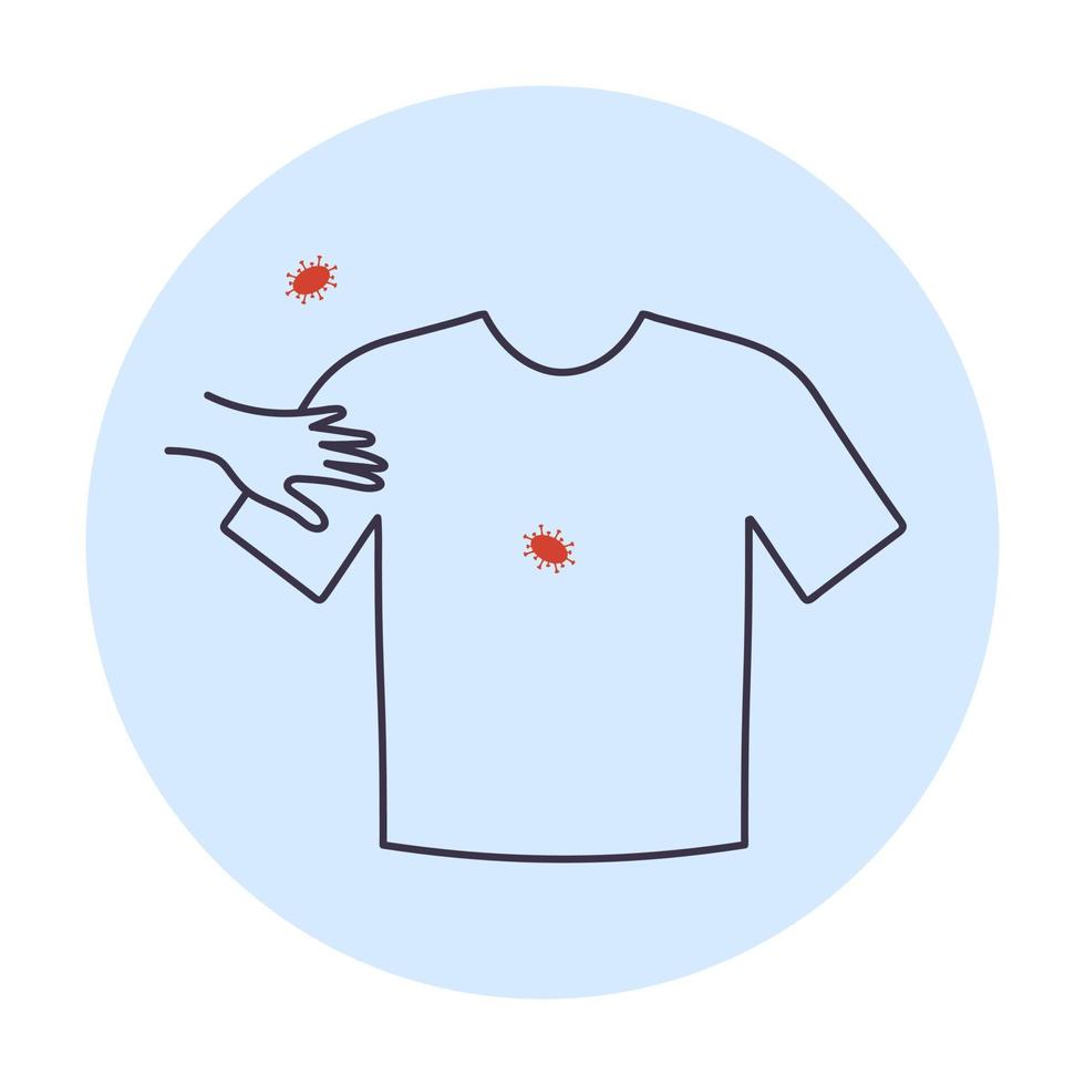 tocar cosas contaminadas. mano tocando una camiseta y microbios alrededor. icono médico del virus de transmisión. vector