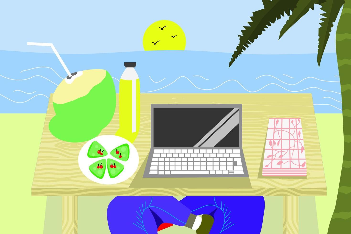 summer bakcgorund, working while vacationing at the beach in summer eating pancakes and drinking coconut vector