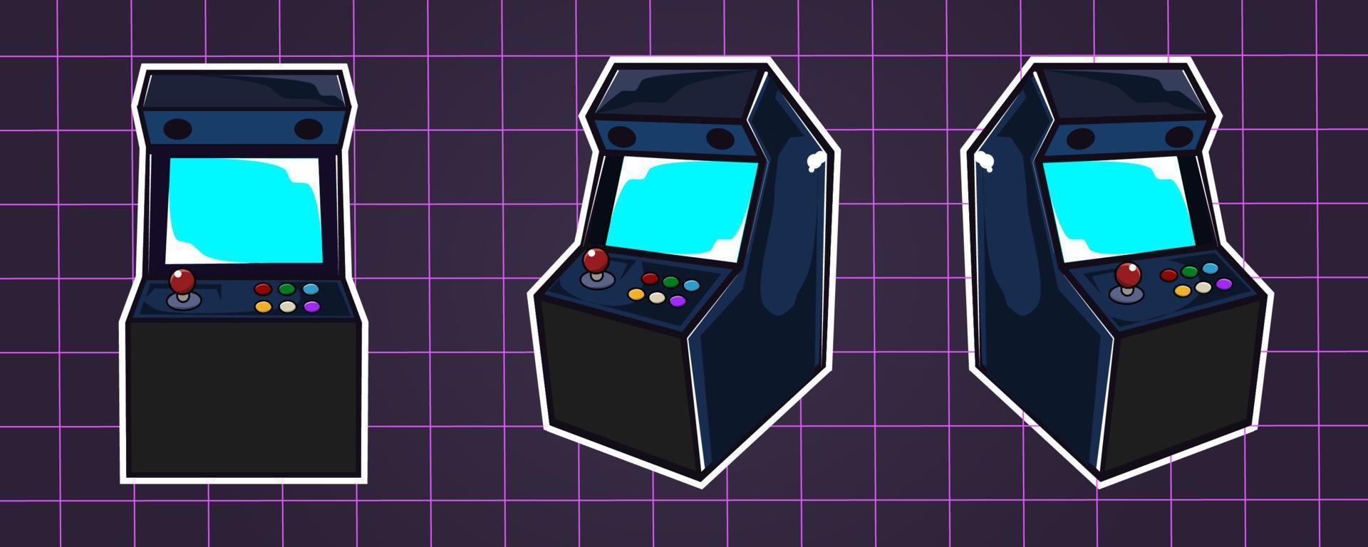 conjunto de máquinas de videojuegos arcade en estilo de dibujos animados, gráficos vectoriales con vibraciones retro vintage de los años 80 vector