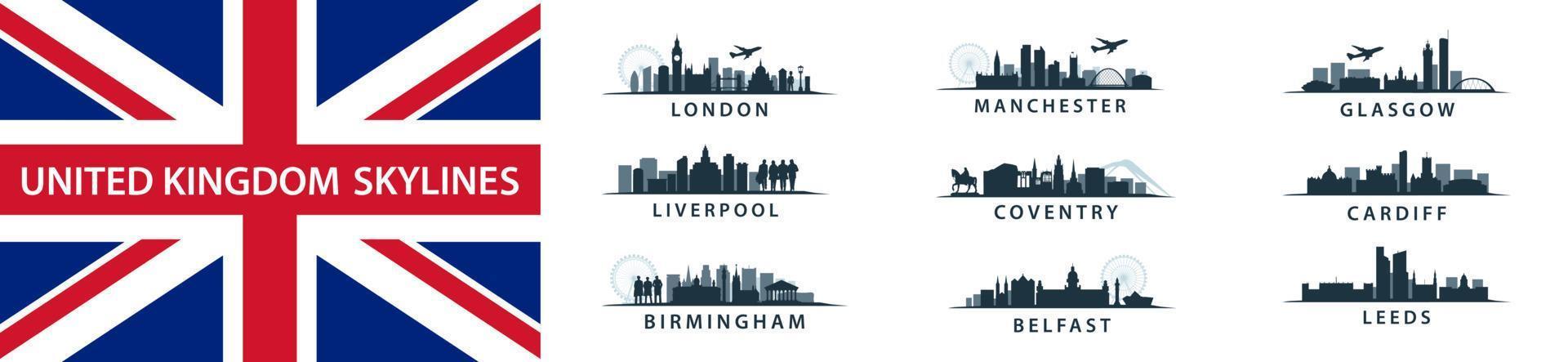 UK Cities Collection, skylines set in vector sihouettes, english destinations like London, Leeds, Coventry, Birmingham, Liverpool, Belfast, Cardiff, Glasgow