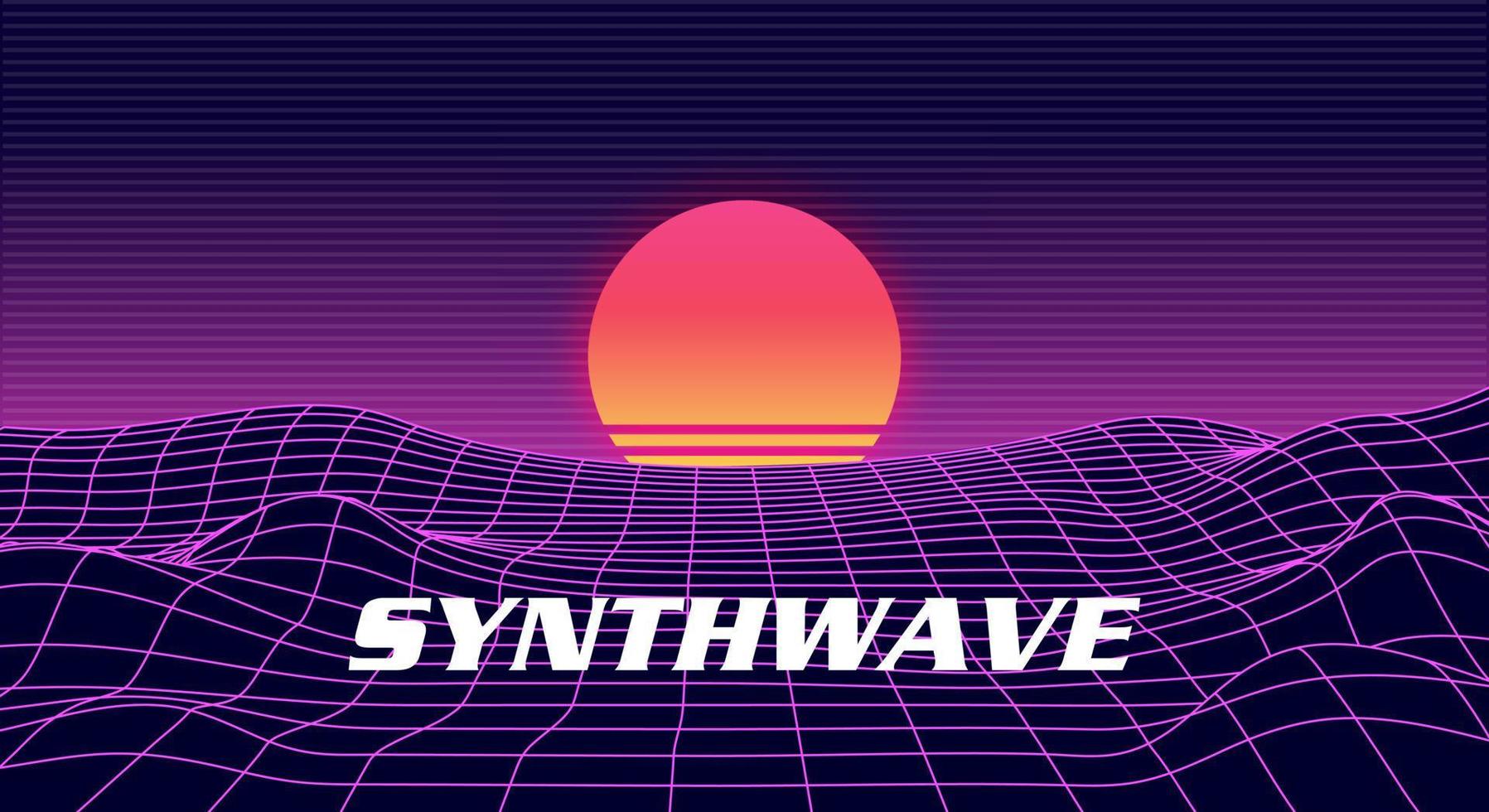 Landscape skyline with neon light grid, sun and mountains. Sci-fi, futuristic illustration. Retrowave, synthwave or vaporwave 80s vector