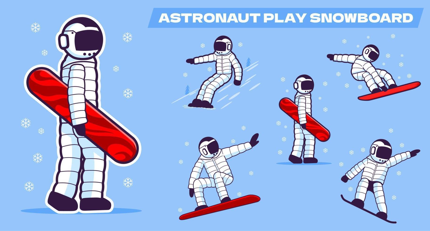 Set of astronaut play snowboard in winter. Winter mountain sports activities. vector