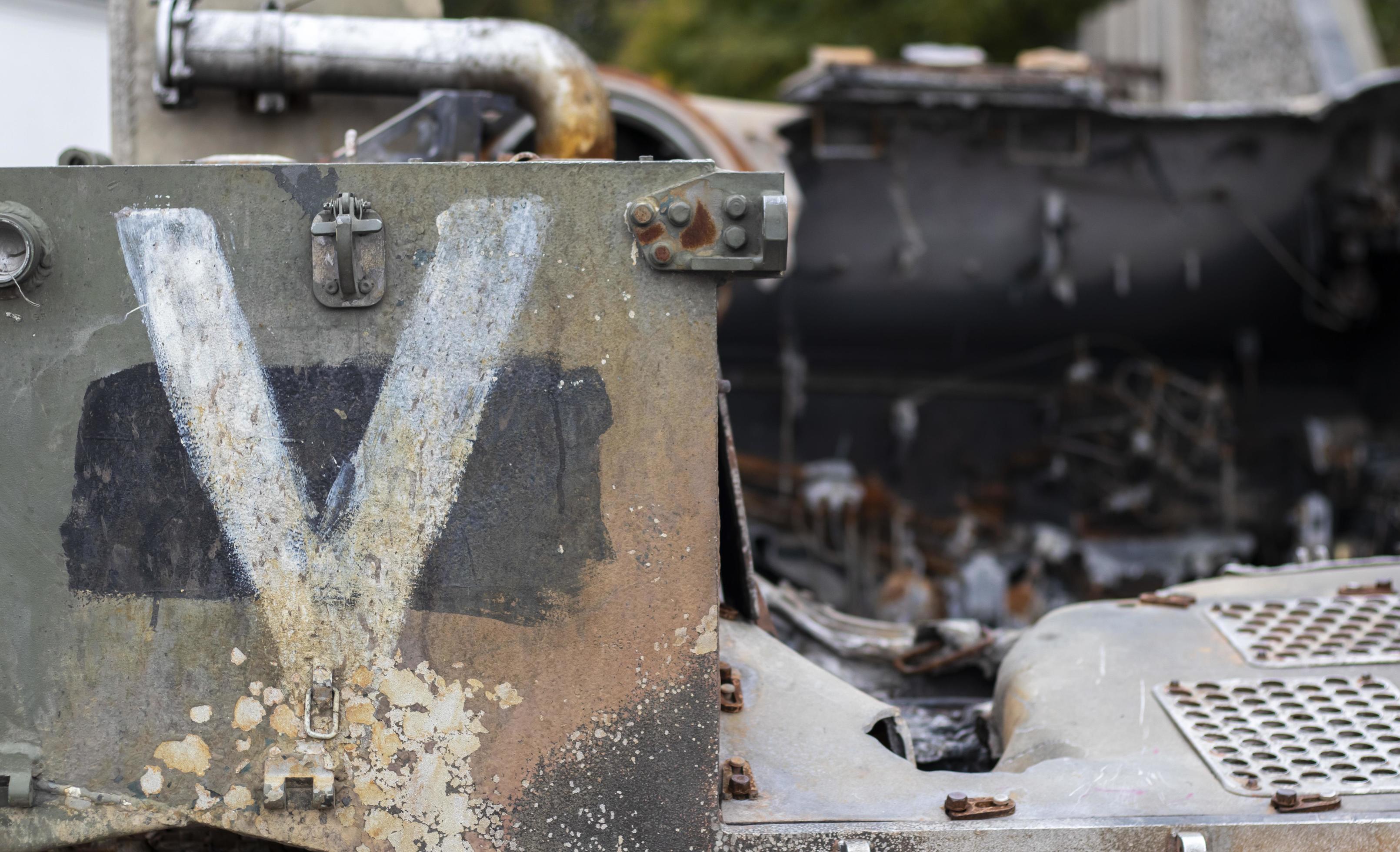 Destroyed, wrecked and burned T72 tank with a designation V on it. RussianUkrainian conflict