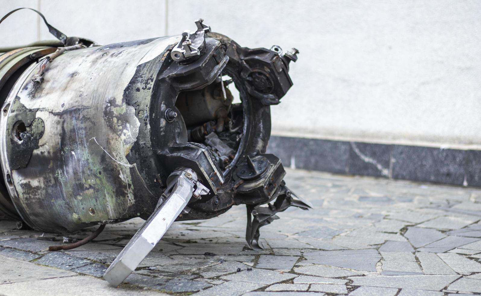 Parts of a tactical ballistic missile, OTR-21. Destroyed Russian military equipment. Spent projectile of the Soviet missile system of the divisional level Tochka U, SS-21 Scarab A, M-21. photo