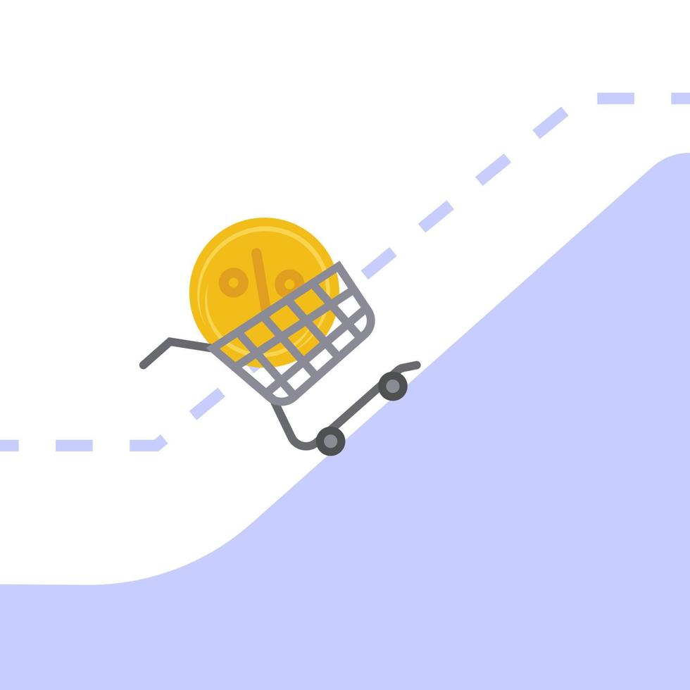 A schedule of interest rate increases due to an increase in the rate of inflation. FED, federal reserve. Percentage of gold coins in a basket or cart moving rapidly upward vector