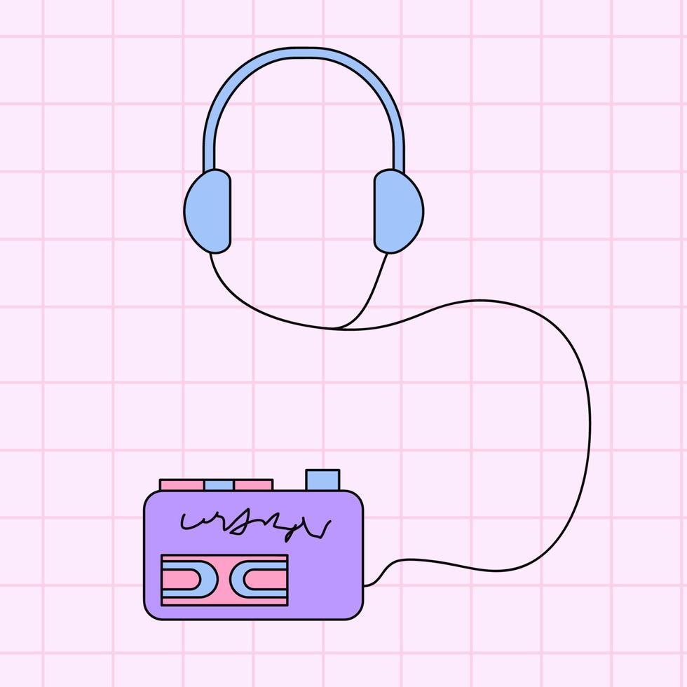 ilustración vectorial reproductor de música, auriculares y2k. Ilustración de vector lineal plano con estilo retrowave sobre un fondo de cuadrícula