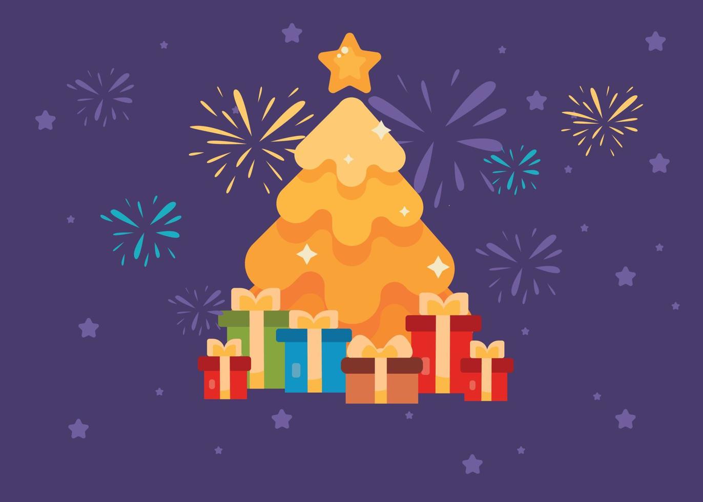 Christmas tree with decorations and gift boxes.Merry Christmas and Happy New Year.Bright Winter holiday composition.Fireworks, starry night,purple colors compositions.Greeting card, banner, poster. vector