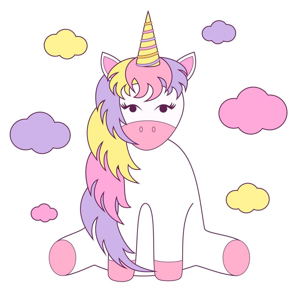 Vector illustration. Cute multicolored unicorn with clouds