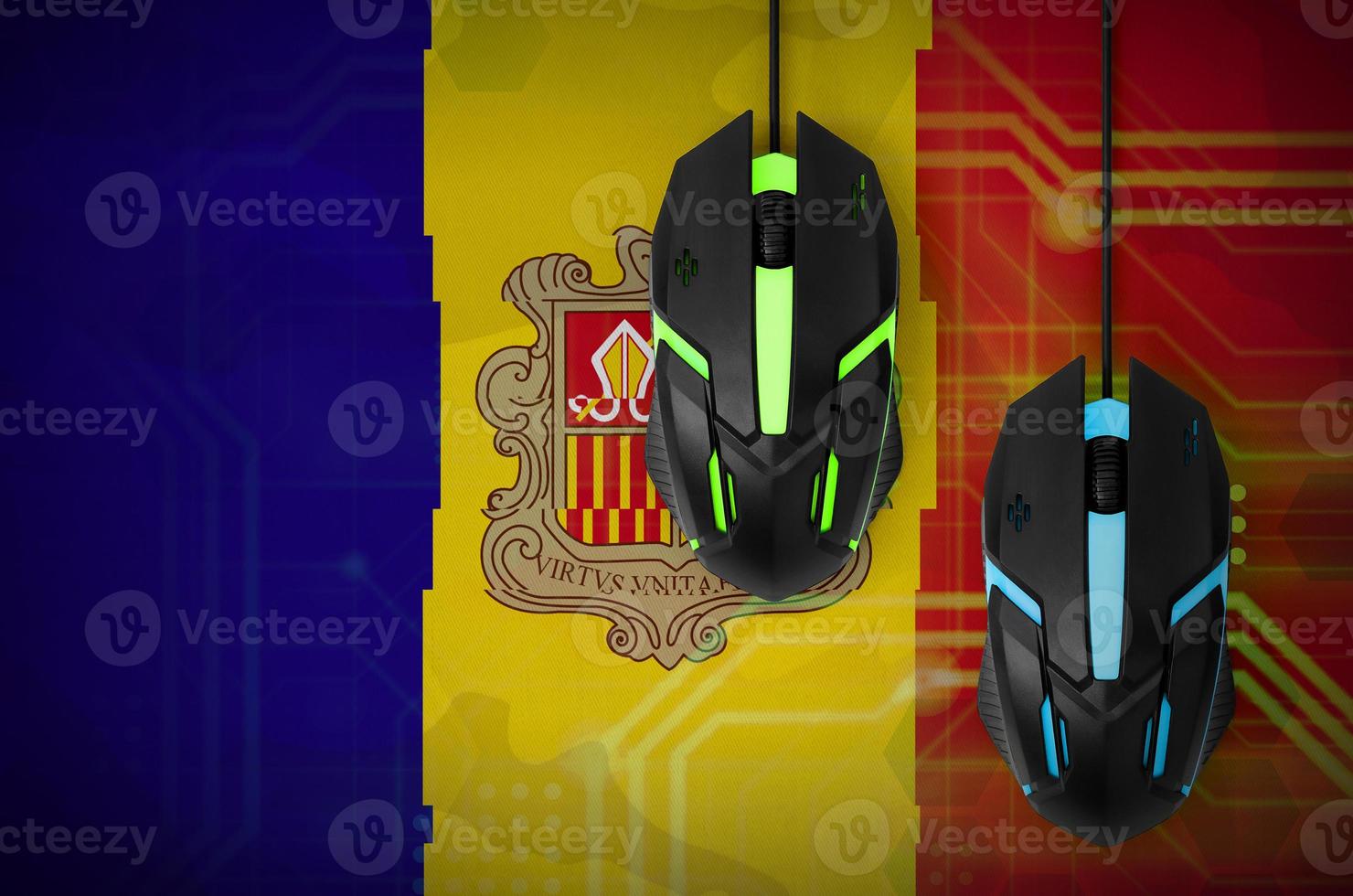 Andorra flag and two mice with backlight. Online cooperative games. Cyber sport team photo