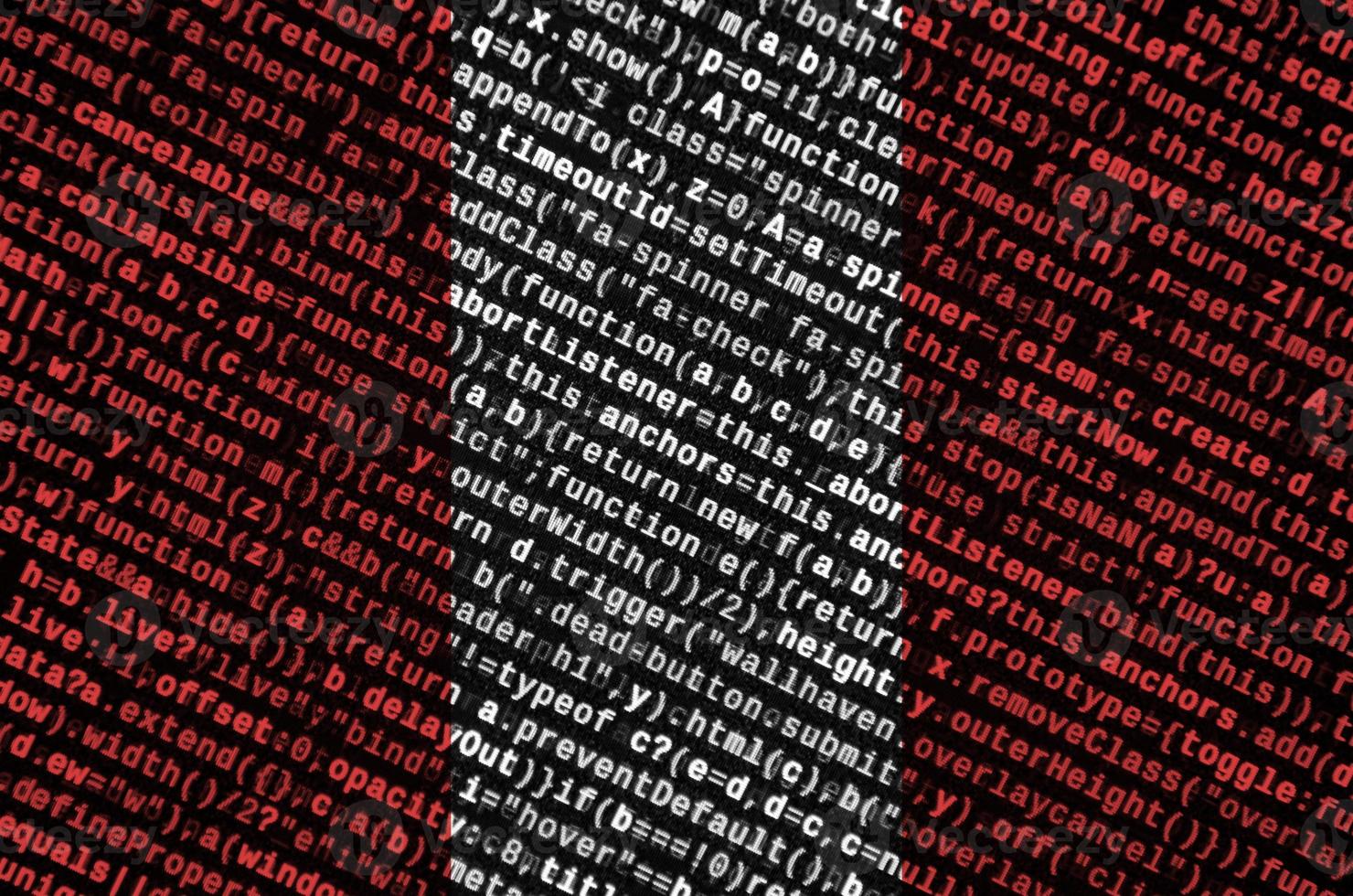 Peru flag is depicted on the screen with the program code. The concept of modern technology and site development photo