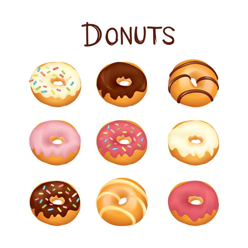 Donut icon set. Sweet pastry banner. Doughnut with white, pink and chocolate glaze and sprinkles. Bakery for party over wight background. vector