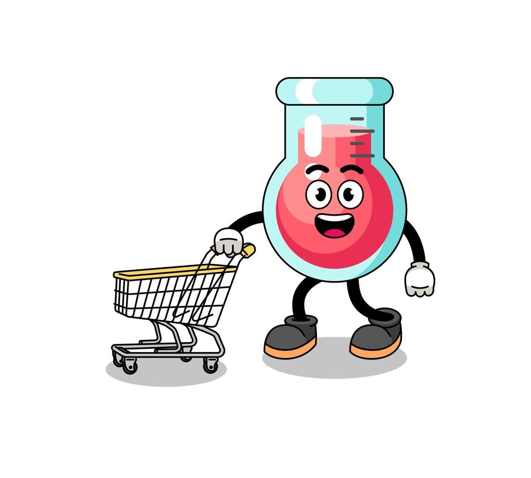 Cartoon of laboratory beaker holding a shopping trolley vector