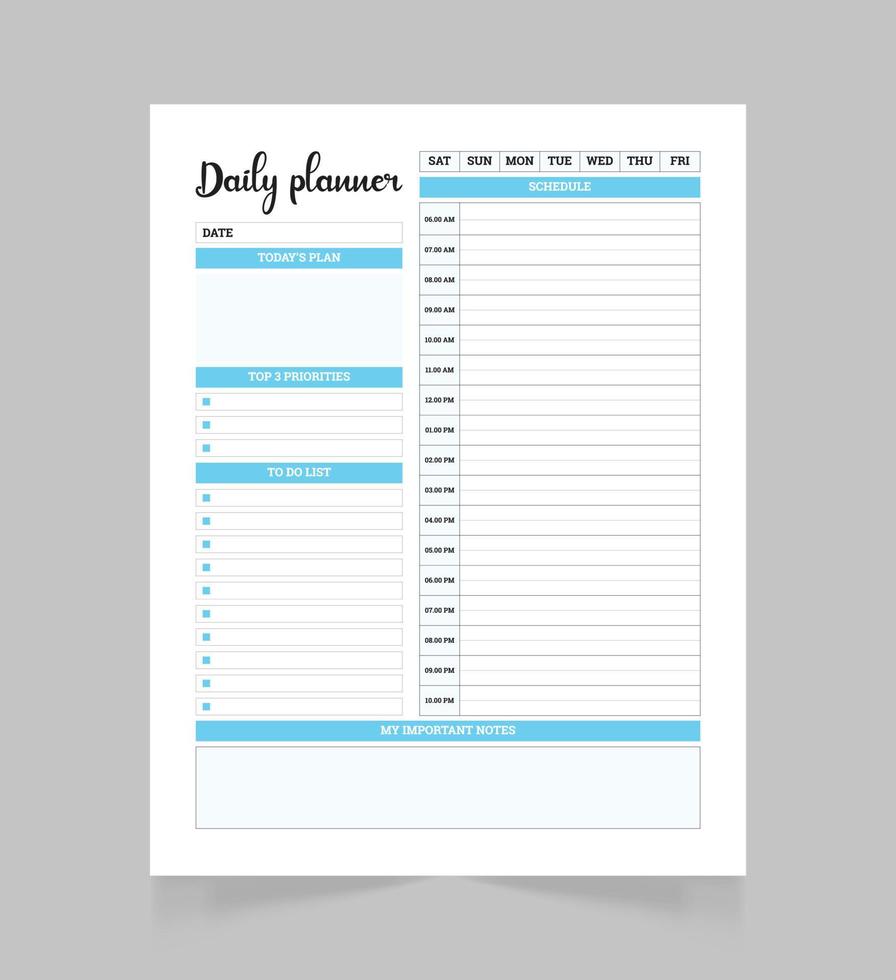 Minimalist daily planner page template . Blank white notepad page. vector