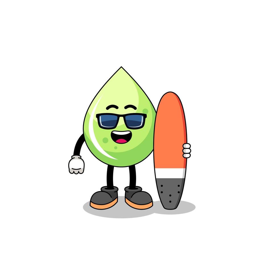 caricatura de mascota de jugo de melón como surfista vector