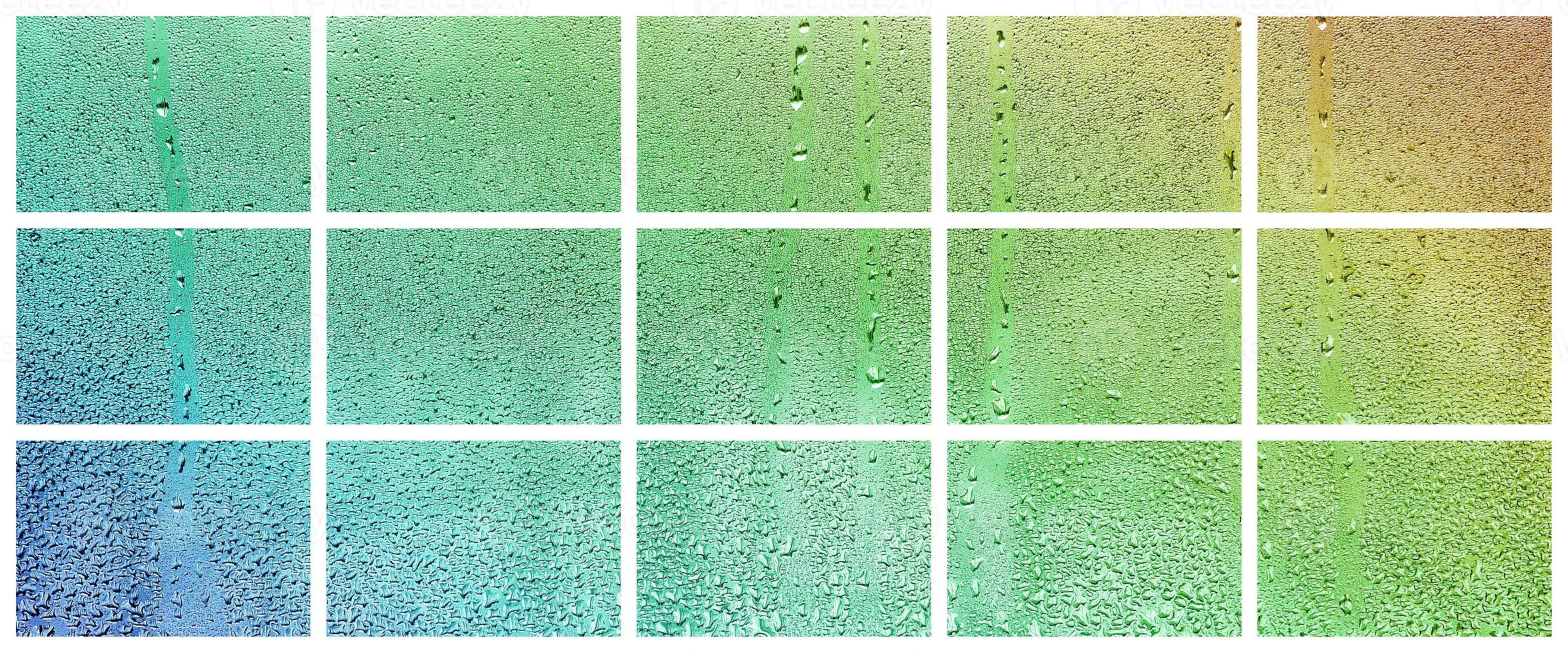 A collage of many different fragments of glass, decorated with rain drops from the condensate. Spring tones with green and blue colors photo