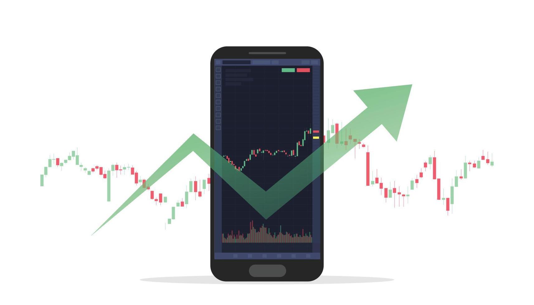 Comercio móvil en el mercado de valores con indicadores en vivo de candelabros y gráficos con un estilo moderno y plano vector