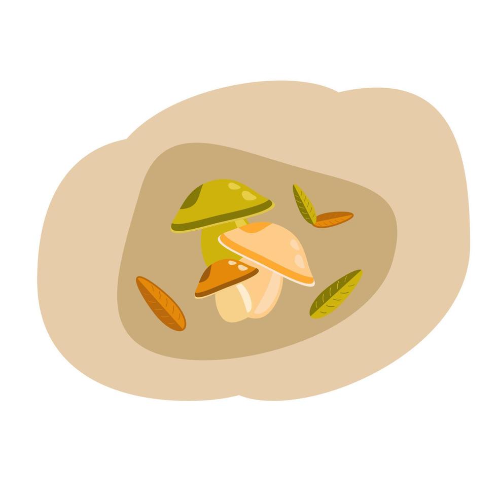 Illustration of a bunch of mushrooms with leaves on a brown coffee background vector