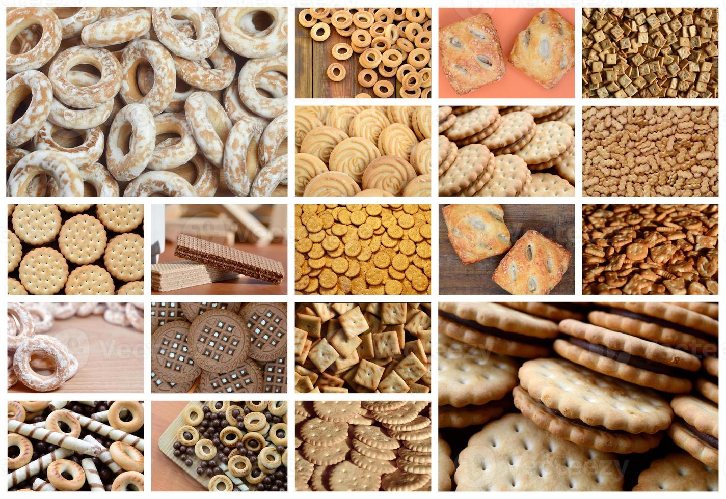 A collage of many pictures with various sweets close-up. A set of images with varieties of biscuits, bagels and candies photo