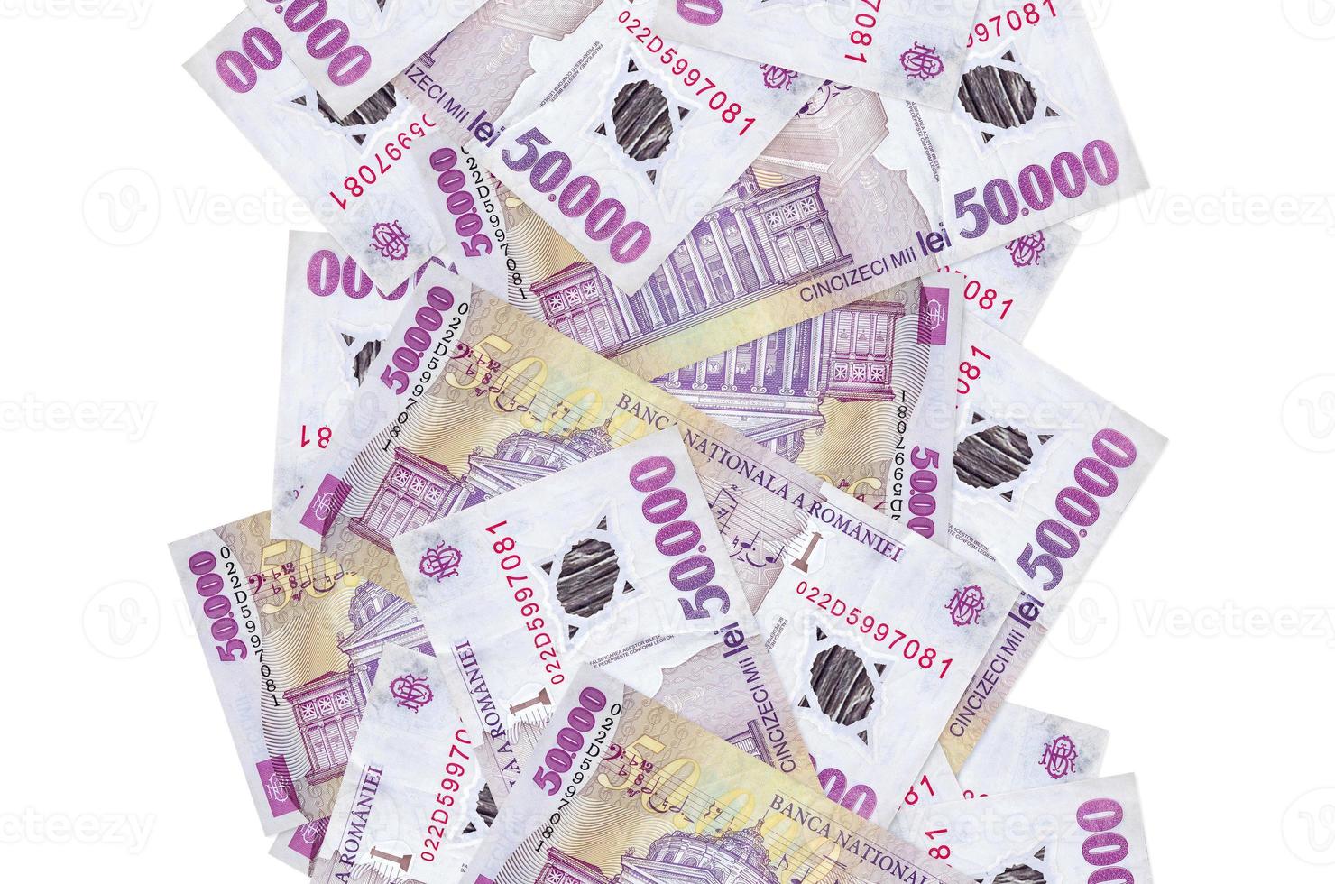 50000 Romanian leu bills flying down isolated on white. Many banknotes falling with white copyspace on left and right side photo