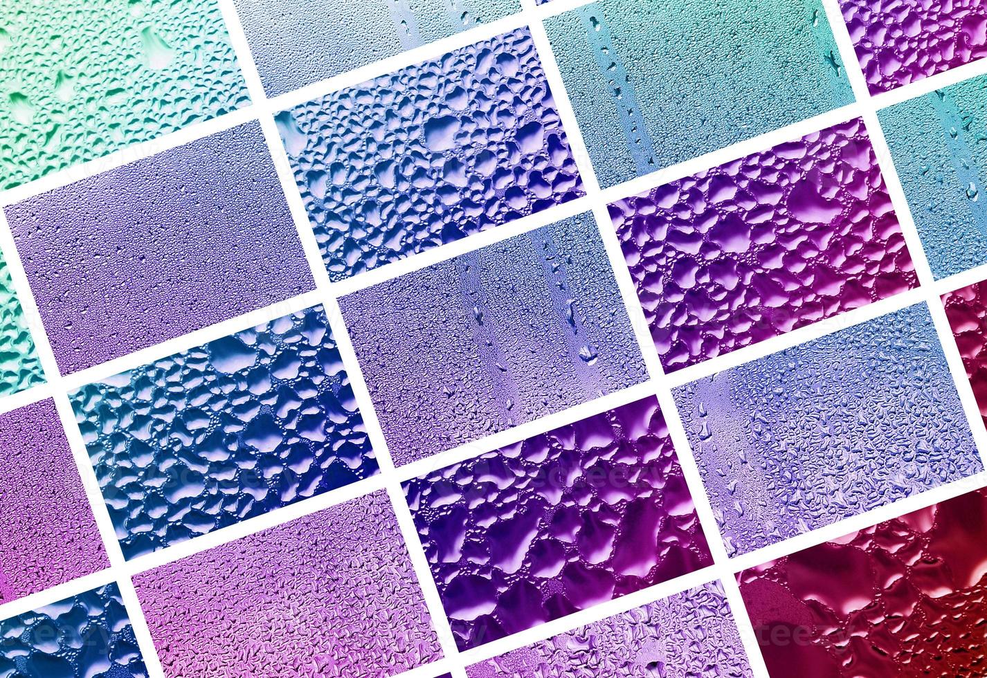 A collage of many different fragments of glass, decorated with rain drops from the condensate. Purple and violet tones photo