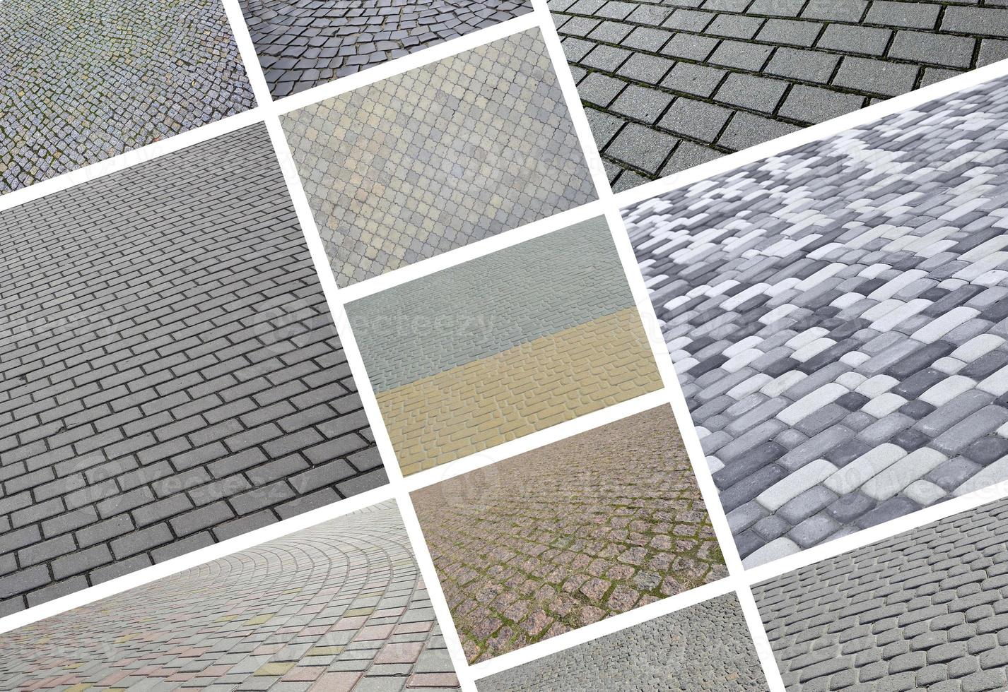 un collage de muchas imágenes con fragmentos de primeros planos de baldosas. conjunto de imágenes con pavimento de piedra foto