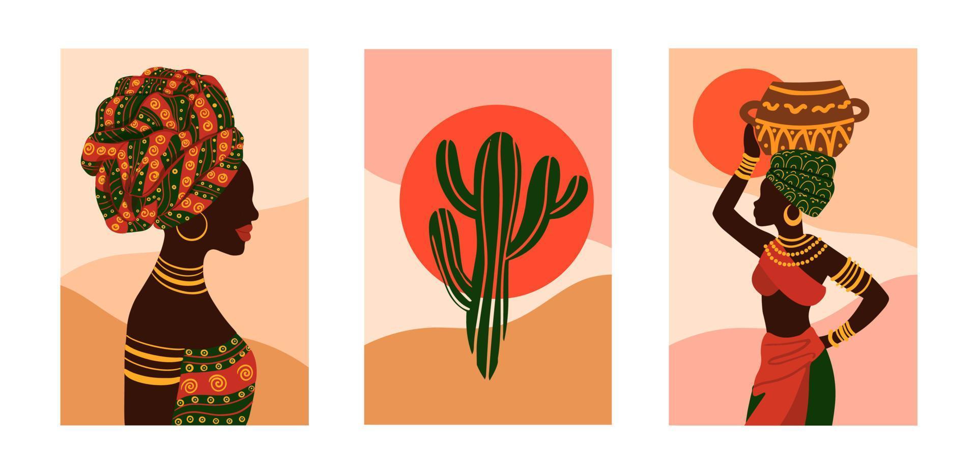 Ethnic background with african woman, vector poster set