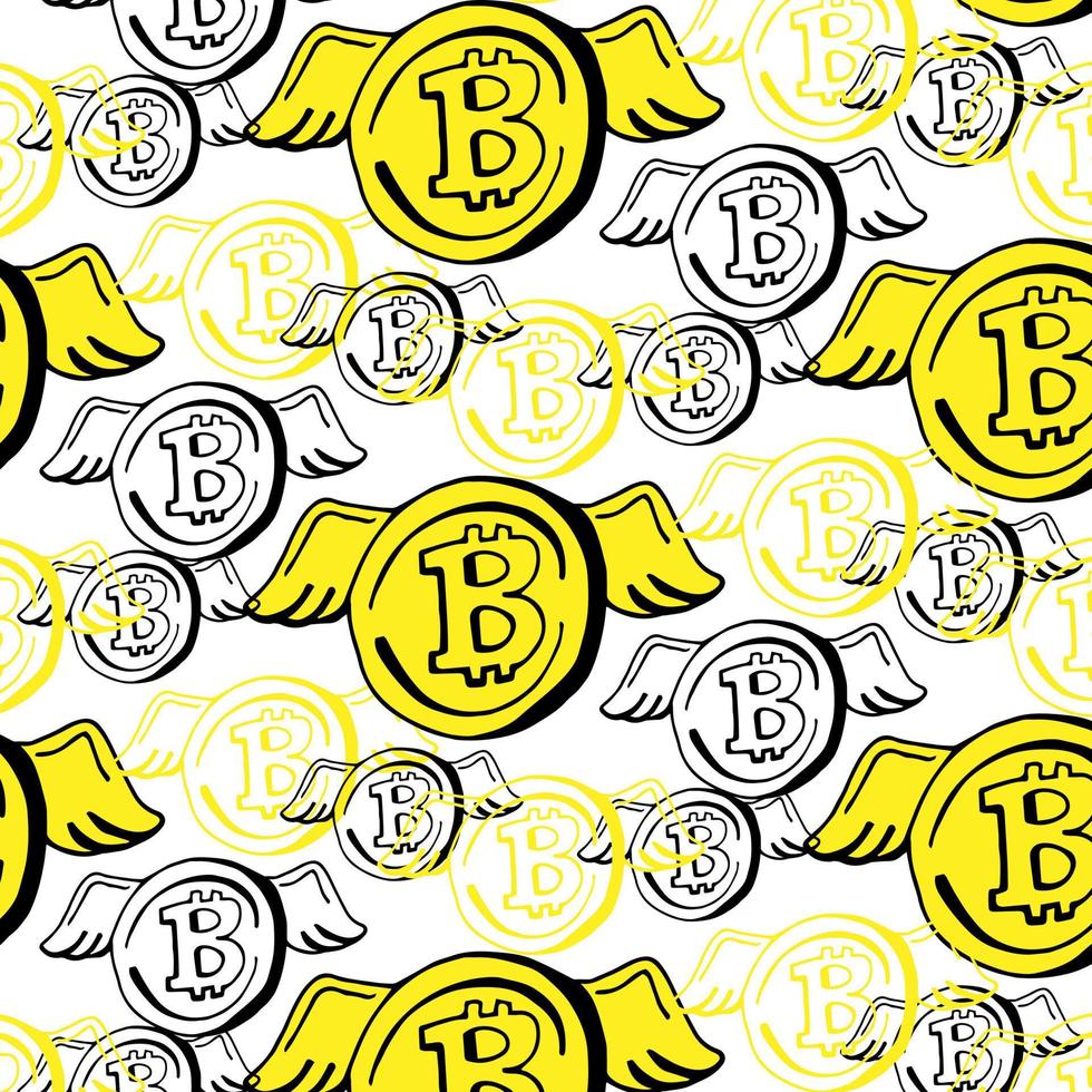 Flying gold bitcoins pattern. Background of flying gold bitcoins as a pattern for designers and illustrators. Cover of floating gold pieces in the form of vector illustration