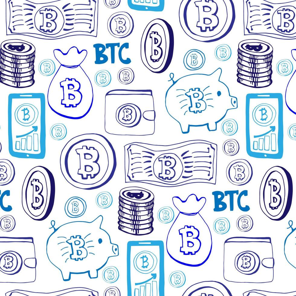 Pattern sign Bitcoin. Blue on a white background. Vector illustration