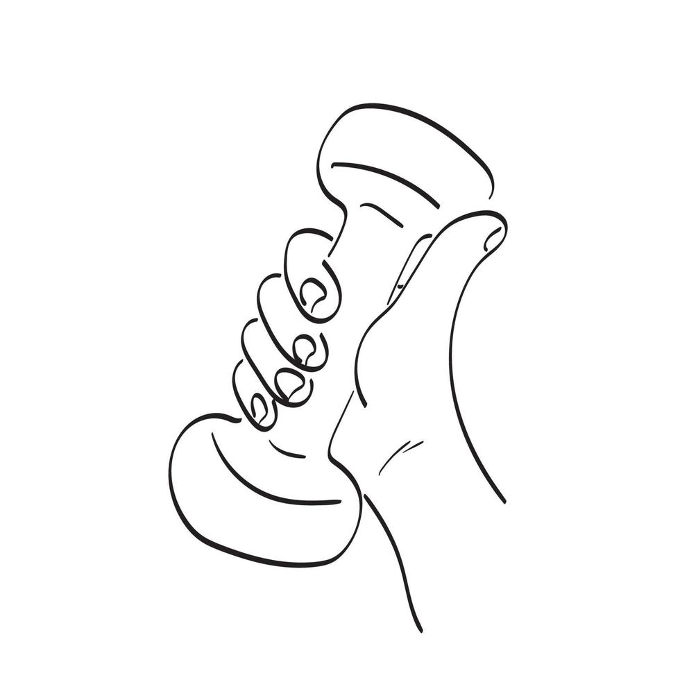 closeup hand holding dumbbell with thumb up illustration vector hand drawn isolated on white background line art.