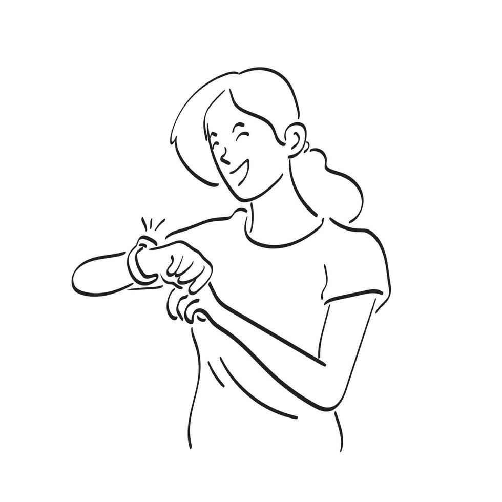 arte de línea mujer feliz sosteniendo la mano con reloj de pulsera ilustración vector dibujado a mano aislado sobre fondo blanco