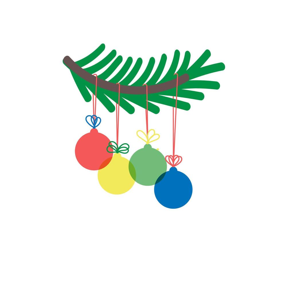 New Year Christmas decoration with fir branch and colorful baubles. Colored flat vector illustration isolated on white background.