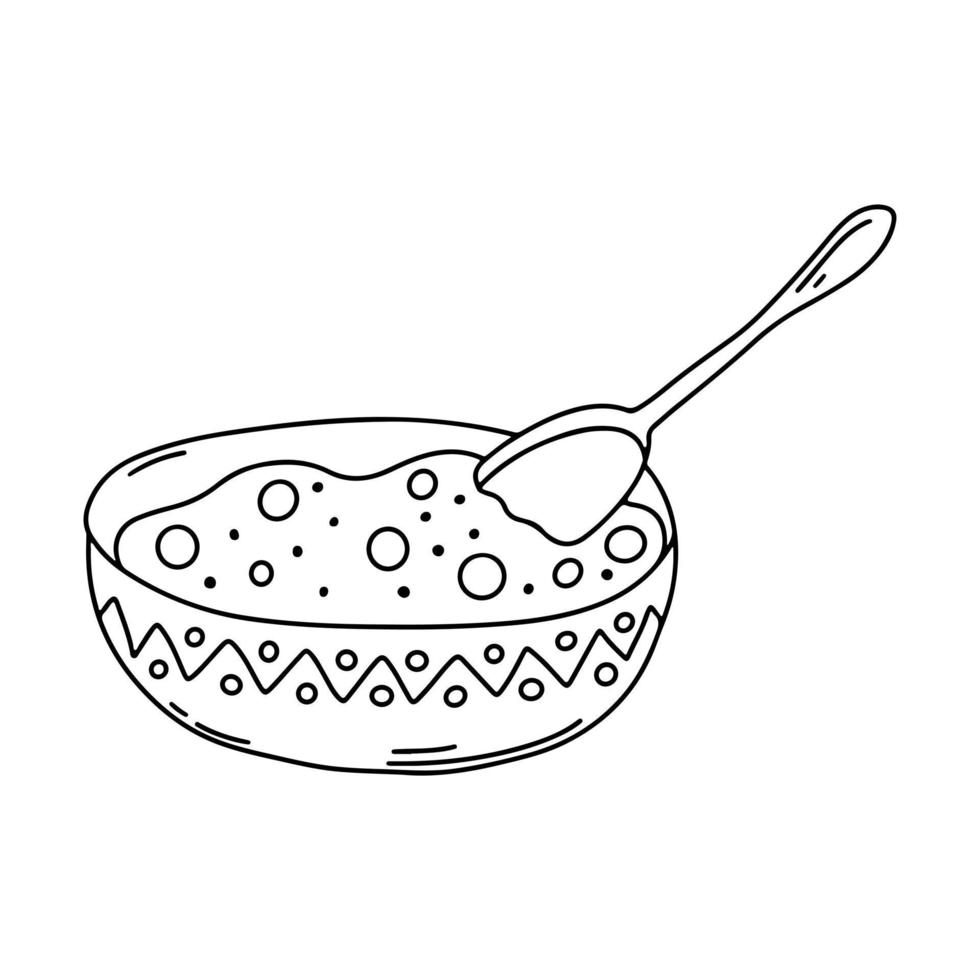 plato hondo de cerámica con gachas de avena con una cuchara. ilustración vectorial en estilo garabato sobre un fondo blanco. vector