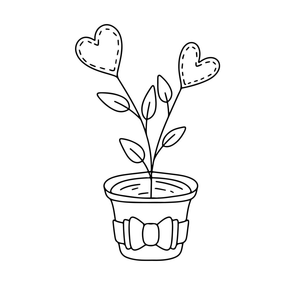 Hearts plant in ceramic pot. Hand drawn doodle illustration. Isolated vector on white.
