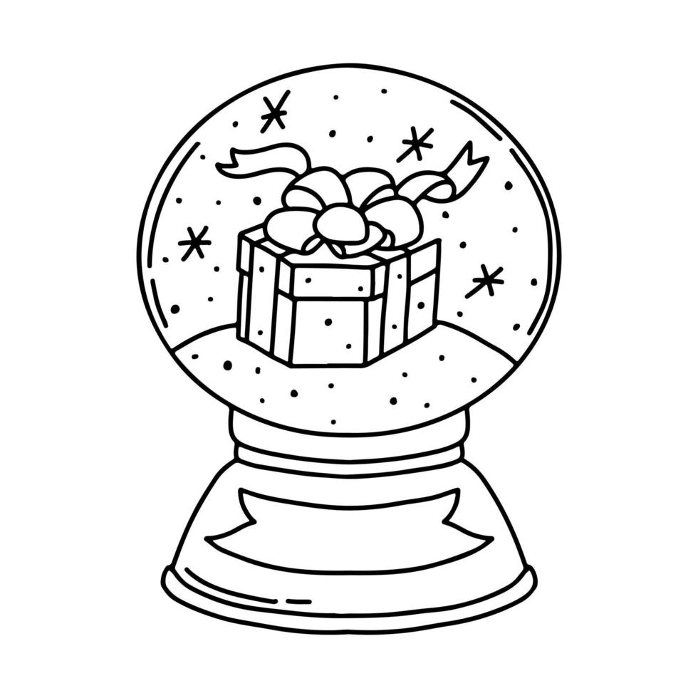 caja de regalo de navidad dentro de una bola de cristal de navidad. bola de nieve de navidad con copos de nieve en estilo garabato dibujado a mano. elemento de año nuevo. vector