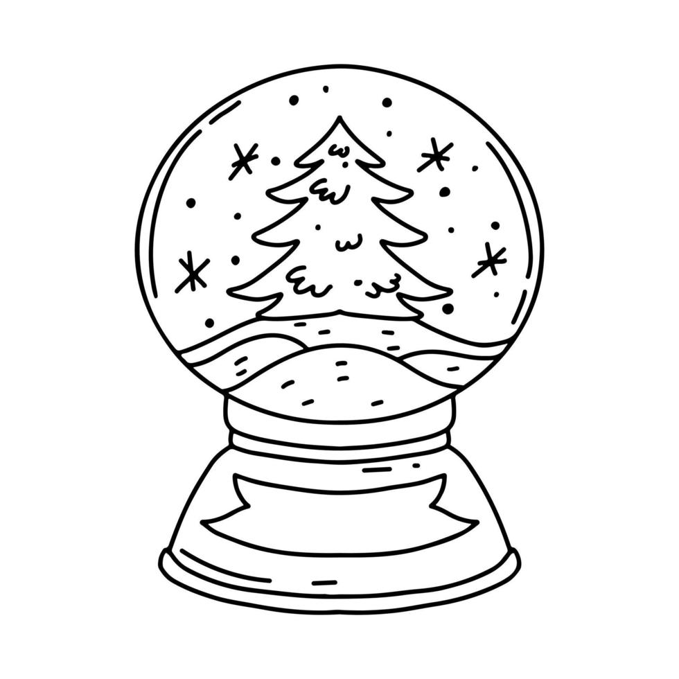 árbol de navidad dentro de una bola de cristal de navidad. bola de nieve de navidad con copos de nieve en estilo garabato dibujado a mano. elemento de año nuevo. vector