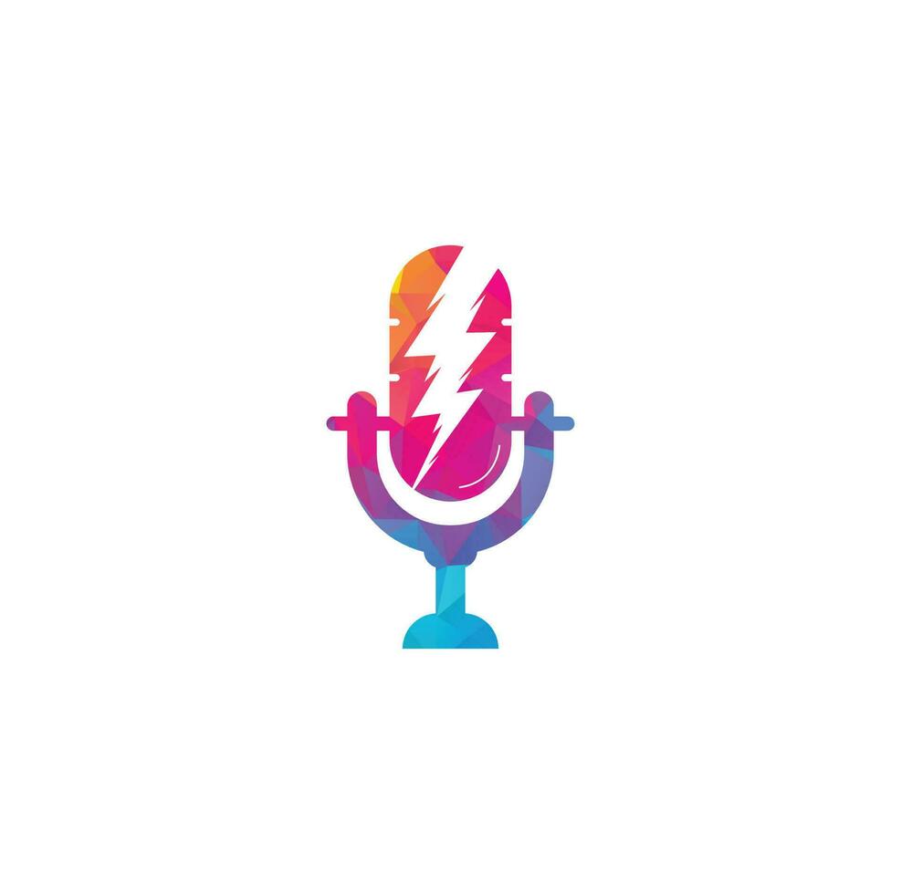 Podcast logo with thunder. Microphone vector logo design.