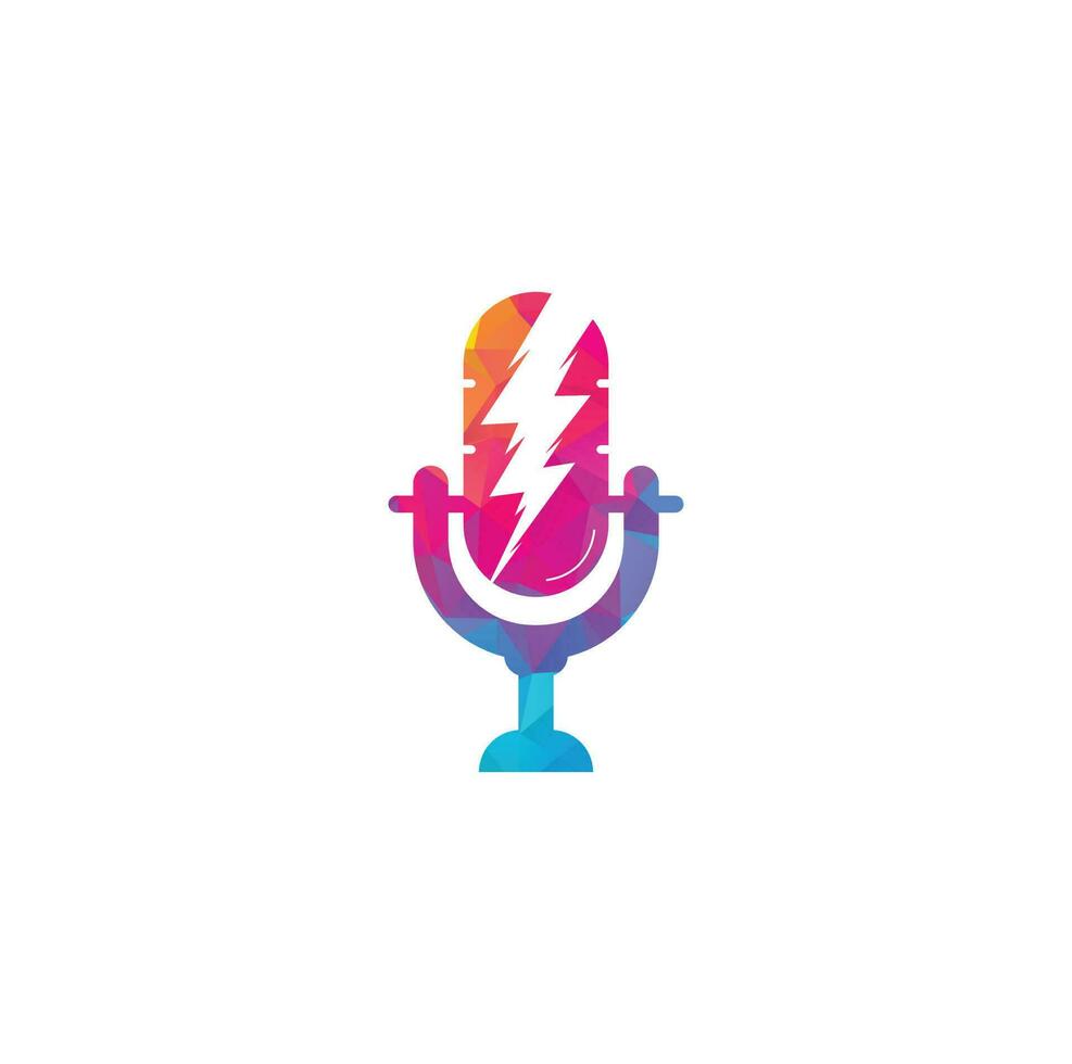 Podcast logo with thunder. Microphone vector logo design.