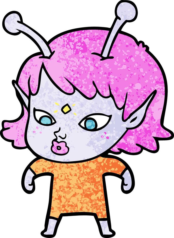 Retro grunge texture cartoon alien girl vector